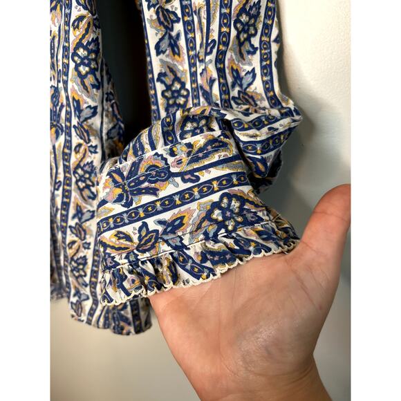 1970s Perma Press Victorian Yellow Blue Paisley Ruffle Disco Dagger Shirt L - Picture 5 of 6